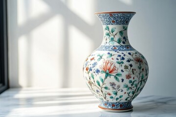 Elegant vase with floral patterns, sitting on a marble surface with soft window light creating shadows.