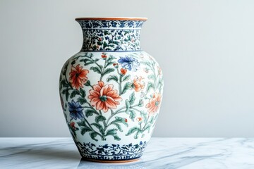 Elegant floral vase on marble table with red, blue and green flower design against a simple, neutral backdrop.