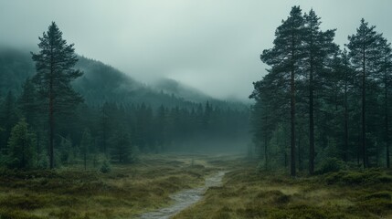 Mystical Forest Scene: A dense and mysterious forest landscape, shrouded in mist and fog, creates an atmospheric and serene mood.