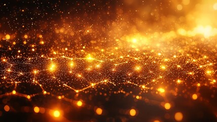 Naklejka premium Abstract glowing network of golden particles, creating a dynamic and vibrant digital landscape, perfect for technology and innovation themes.