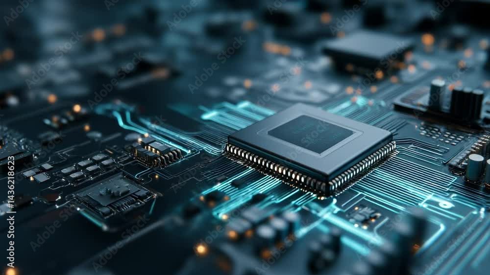 Poster visualization of advanced technology boards, processors, microchips, artificial intelligence, neural