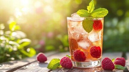 Close-Up of Raspberry Mint Sparkling Drink Outdoors