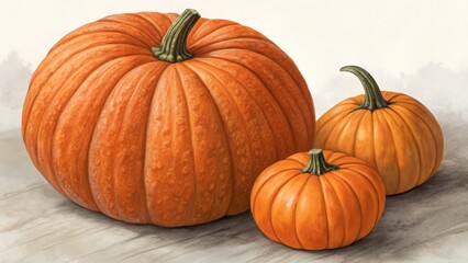 Three Pumpkins Digital Painting of Autumn Harvest, Still Life Composition, Orange Gourds, Watercolor Texture, Pumpkin Illustration Pumpkins, Autumn