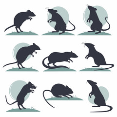 Mice Silhouettes: 9 Poses, Black & White, Vector Illustration.