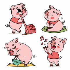 Cute Cartoon Pigs Illustrations -  Set of 4 Pink Piglets,  Happy Farm Animals.