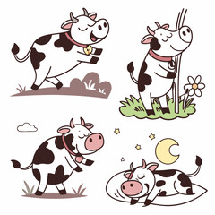 Cute Cartoon Cows: Playful Farm Animals Illustrations (4 Designs).
