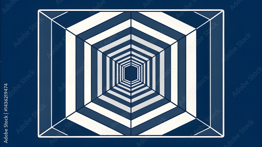 Poster abstract hexagonal tunnel illusion navy blue and white geometric pattern striking depth and perspect