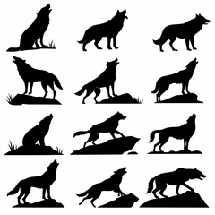 12 Professional Wolf Silhouettes: Black & White Pack.