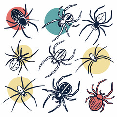 Fototapeta premium Nine Detailed Spider Illustrations: Line Art, Black, White, Red.