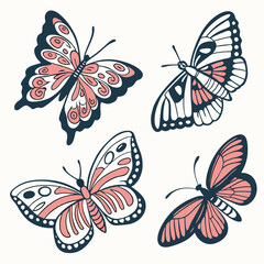 Four Pink & White Butterflies - Detailed Line Art Illustration.