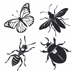 Professional Insect Silhouettes: Butterfly, Ant, Beetle.