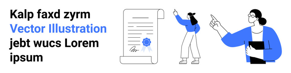 Digital document with seal, two people analyzing and pointing at content. Ideal for business, teamwork, legal agreement, collaboration, education, strategy, simple landing page