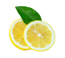 Front view of ripe yellow lemon fruit in slices in two circles with green leaf isolated in png file...