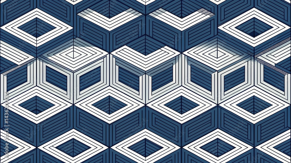 Poster Intriguing 3D geometric pattern design in navy blue and white creating an illusion of depth and perspective with clean lines and repeating cubes Subtle shading enhances the visual impact