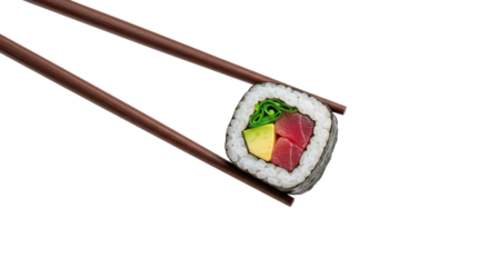 Sushi Suspended A perfect roll gripped by chopsticks against the void