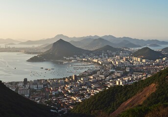 穏やか夕日輝く湾岸都市眺望