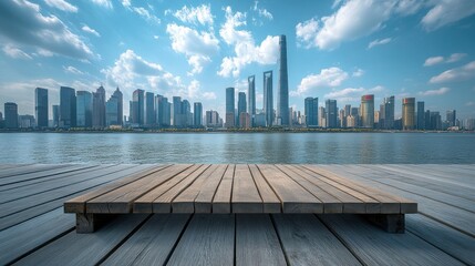 Empty wooden platform overlooking cityscape