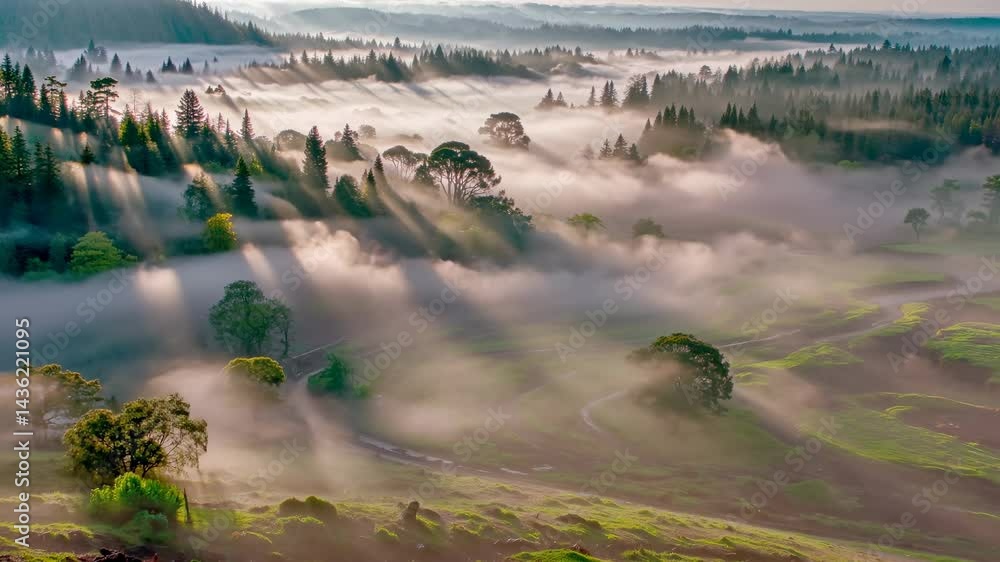 Poster sunlight streams through misty forest over a lush green valley with winding paths and scattered tree
