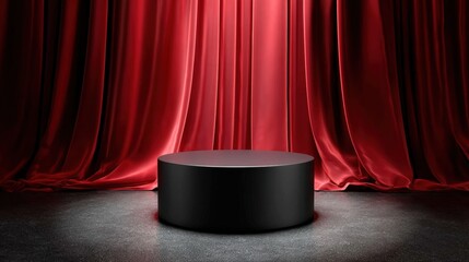 A spotlight shines on a black round podium in front of elegant red stage curtains, creating a dramatic presentation setting.
