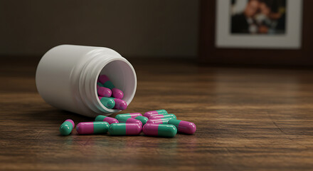 Pills Spilling From Bottle on Wooden Surface