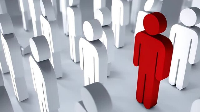 Red figure standing prominently amid sea of white silhouettes, representing individual difference, uniqueness, leadership