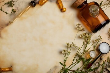 Ancient herbal medicine concept with a blank aged parchment scroll for recipes or spells, surrounded by medicinal plants and alchemical glassware.