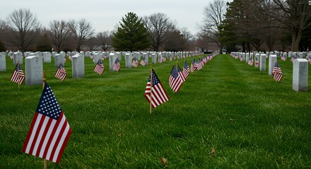 Naklejka premium Flags and headstones in a cemetery