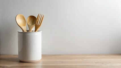 Wooden Utensils in White Holder on Wooden Table