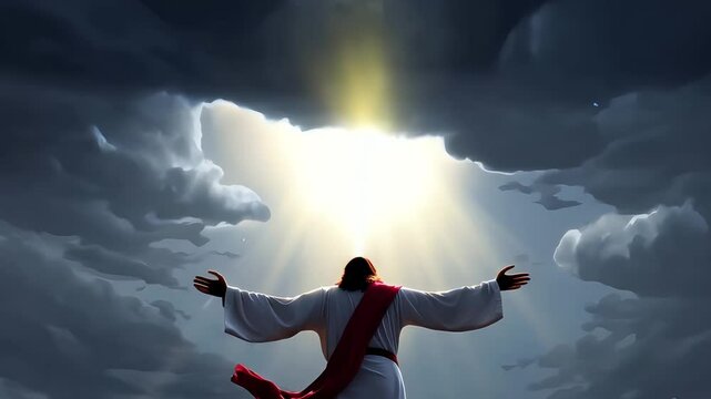 Religious figure standing with outstretched arms, backlit by radiant light piercing stormy skies, representing divine grace, spiritual redemption, and transcendent hope