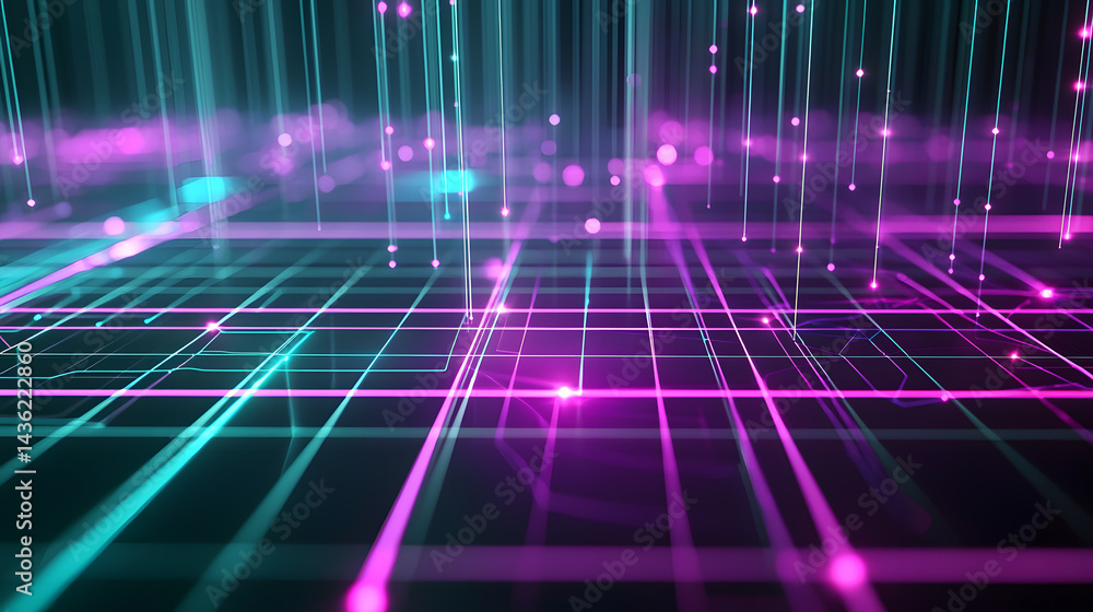 Poster glowing data flow patterns abstract visualization digital space futuristic environment aerial view c