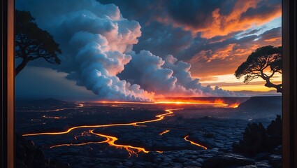 Fototapeta premium Volcano Eruption at Sunset View with Orange Lava Flow
