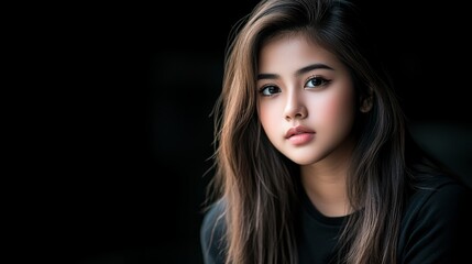 Fototapeta premium Stylish woman with long flowing hair in a classic black shirt, minimalist fashion portrait