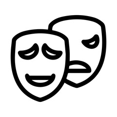 Two minimalist masks, one smiling, one frowning, slightly overlapping. Symbolizing comedy and tragedy, happiness and sadness, drama and performance. Black and white graphic