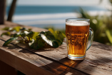 Refreshing beverage rests on a wooden table overlooking a serene beach during sunset