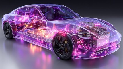 Fototapeta premium Futuristic transparent car revealing internal components with vibrant energy fields