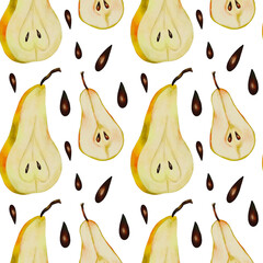 Vintage watercolor pattern with slice pears and seeds. Elegant hand-drawn botanical elements for fabric pattern, wrapping paper, wallpaper, surface design watercolor pear,