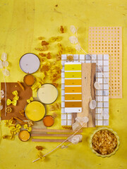 bright summer color palette mood board in yellow tones with white accents for interior design and...