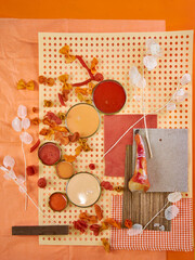 bright summer color palette mood board in orange tones with white accents for interior design and...