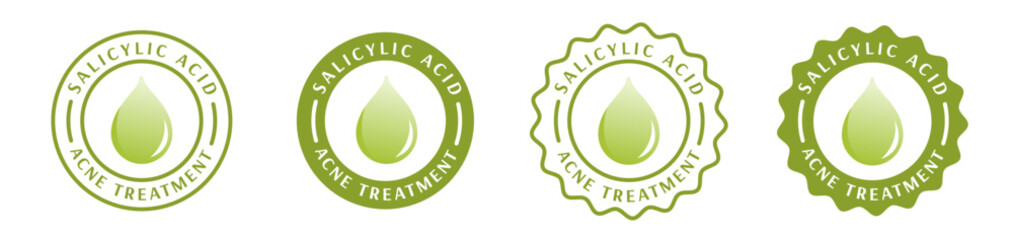 salicylic acid badge, seal, stamp, certificate, sticker, logo, rounded, circle. skincare, body care cosmetic make up, beauty product, acne prone skin treatment. green color 