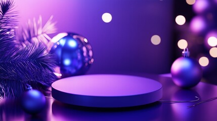 purple podium product presentation christmas decorations round table blue violet balls pine branch festive atmosphere