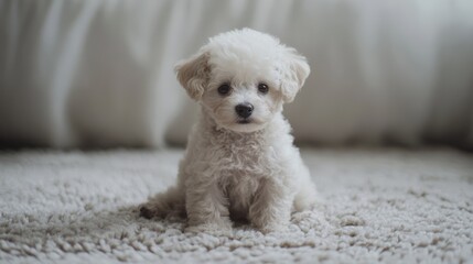 Playful Golden Retriever Puppy Sitting on Soft Rug, Capturing a Moment of Joy and Innocence in a Cozy Home Environment.