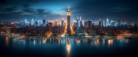 Obraz premium Night view of a bustling metropolis, reflecting in the calm waters