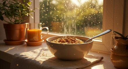 Oatmeal in Bowl on Table with Window and Plants
