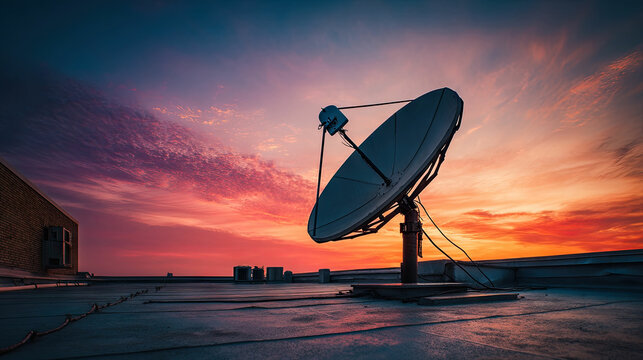 Satellite dish rooftop antenna communication technology sunset skies