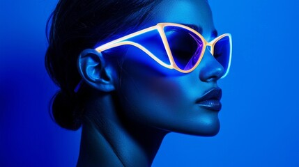 A close-up view of a woman wearing red futuristic glasses is captured under a vibrant and dynamic lighting setup