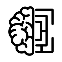 Black outline of a brain connected to a maze or labyrinth. Symbolizing human intelligence, the process of problem-solving, and the intricate complexity of the mind and its functions