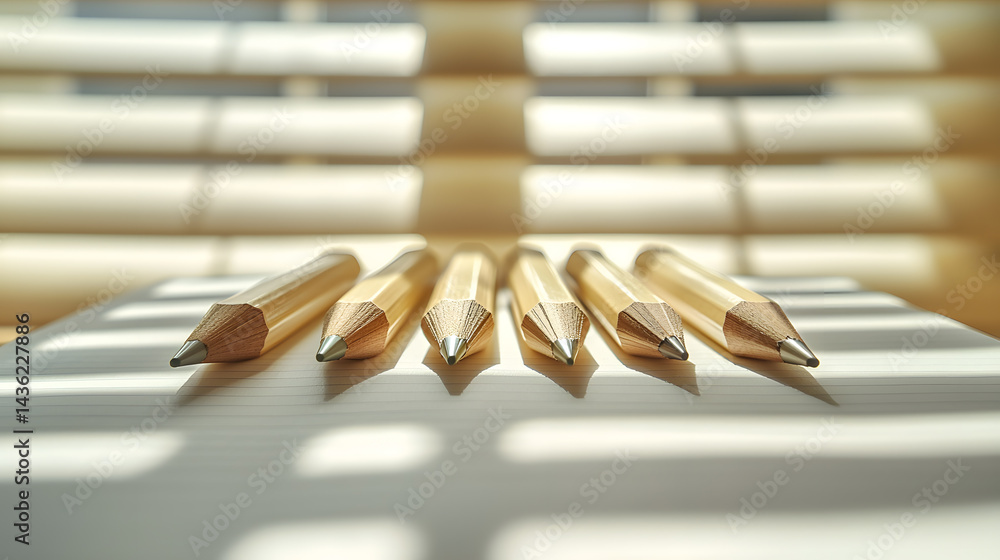 Poster symmetrically aligned pencils and open notebooks in a sunlit workspace creative environment detailed