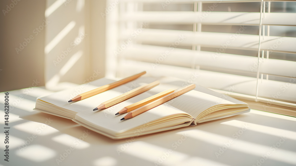 Poster symmetrically aligned pencils on open notebooks by the window minimalist setup calm ambience close-u