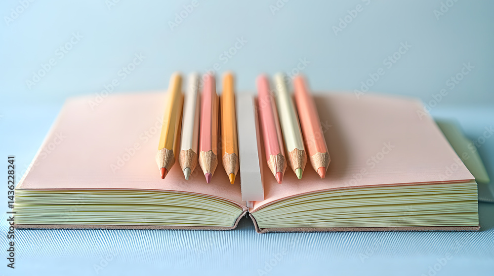 Poster symmetrically aligned pencils on open notebooks minimalist design study environment close-up view cr