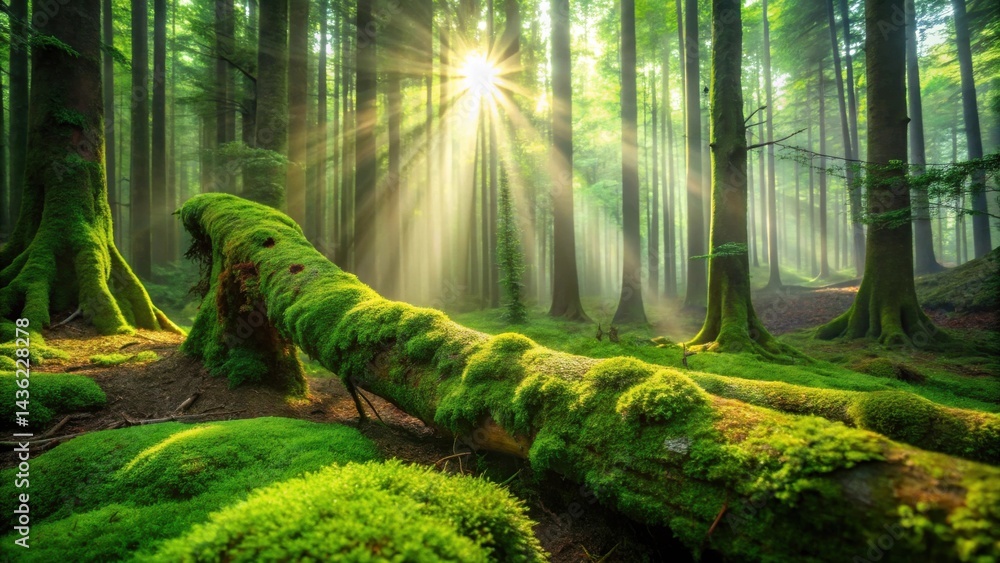 Poster Sunbeams Illuminate a Moss-Covered Fallen Log in a Mystical Forest, Creating a Serene and Peaceful Atmosphere